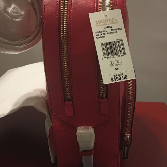 ???MK Michael Kors JAYCE MD Zip Pocket Backpack Leather Bright Red‼️?NEW W